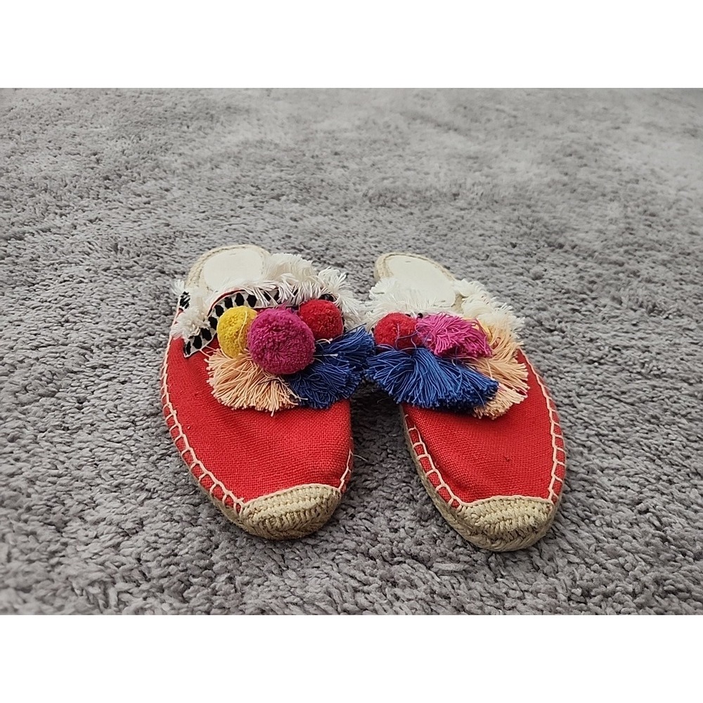 Soludos Pom Pom Women's 8 Red Espadrille Slide Sandals Pom Pom Tassel Mules